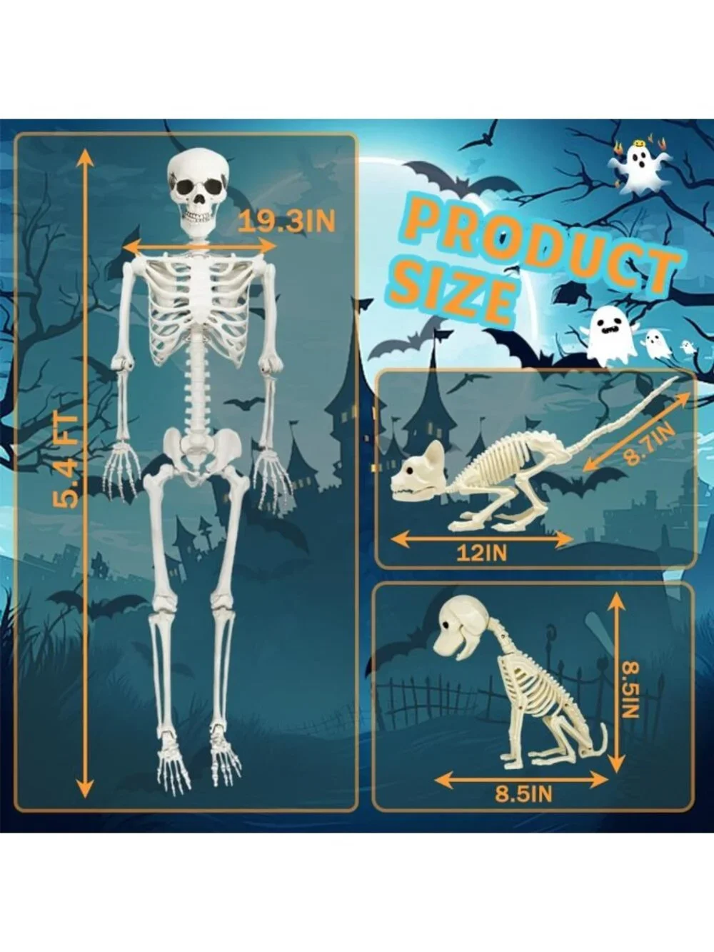 5.4FT Life Size Skeleton with Cat & Dog - Halloween Decor, Spooky Home Accent